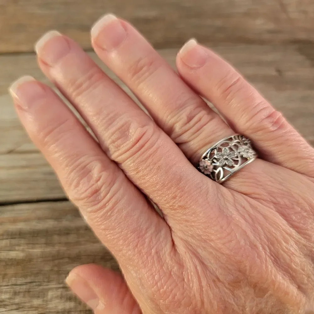 Sterling Openwork CZ Enamel Flowers Ring